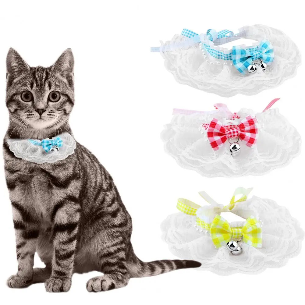 Pet Collar Lace Trim Cat Collar Pet Saliva Towel Plaid Pattern Dog Cat Bow-knot Collar with Mini Bell Pendant Pet Supplies