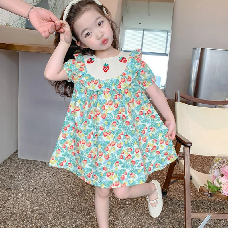 Girls Strawberry Embroidered Dress Summer Short Sleeve Sweet Princess Style Rustic Toddler Kids Clothing