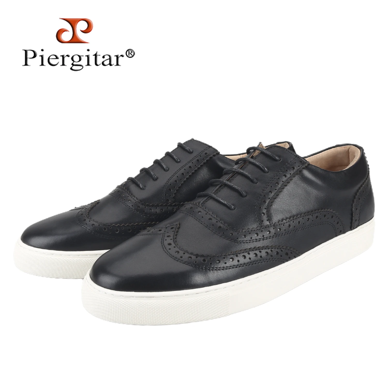 

Piergitar Black And Brown Genuine Leather Brogue Style Lace-Up Sneakers Handcrafted Men's Casual Shoe Height Increase White Sole