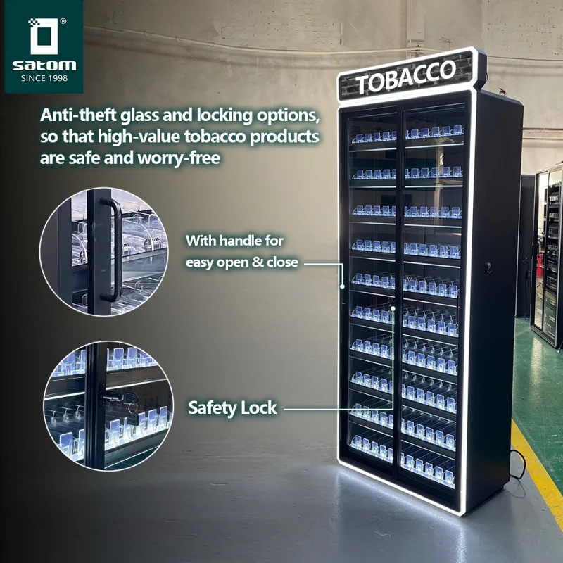custom.Customised Metal Advertising Display Stand Display With Sliding Tempered Glass With Locks  Supermarkets