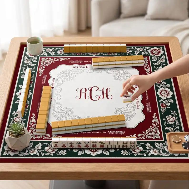 VIKAMA Vintage Floral Custom Initial Mahjong Mat Non Slip Washable Soft Square Pad Noise Dampening For US Mahjong Fans
