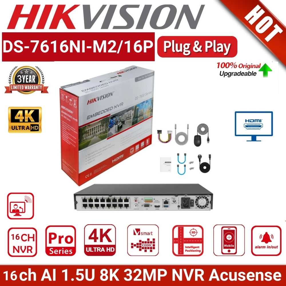 Hikvision NVR-7732NXI-I4/16P/S 16CH PoE NVR 8K Smart 256Mbps Network Video Recorder for IP Camera Remote Management HDMI 2SATA