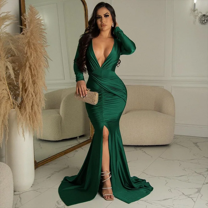 

Sexy Long Sleeve Draped Mermaid Party Dresses Women Evening Wedding Deep V-neck High Split Nightclub Bodycon Maxi Dress Robes