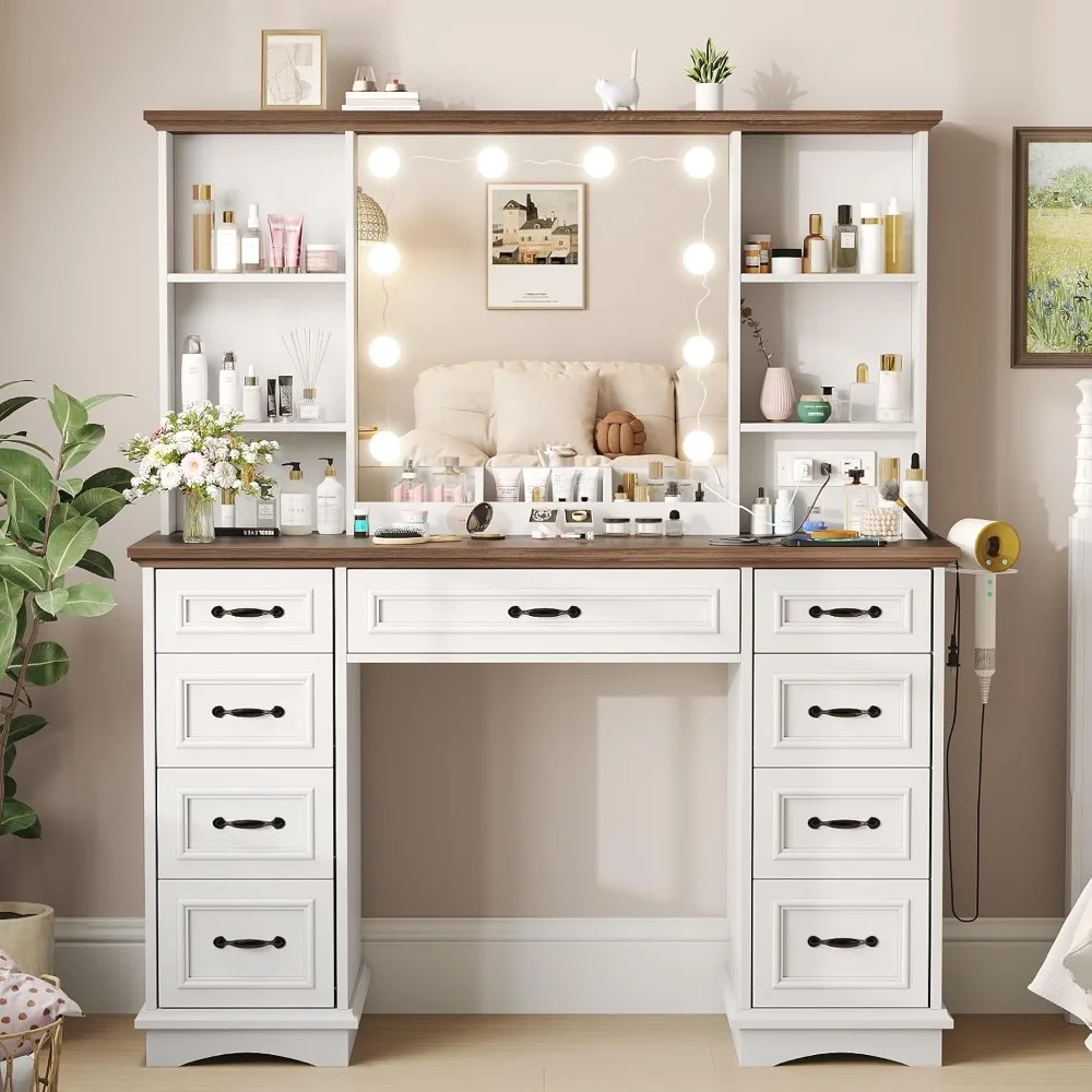 

Vanity Desk with Mirror and Lights Makeup Table with Drawers and Shelves Bedroom Dressing Table