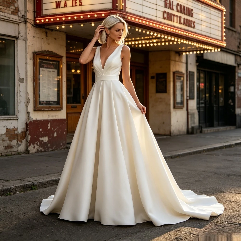 Customized Sleeveless Deep V-neck Satin A-line Wedding Dress Simple Waist Cinched Pleated Bridal Gown Suitable for The Beach