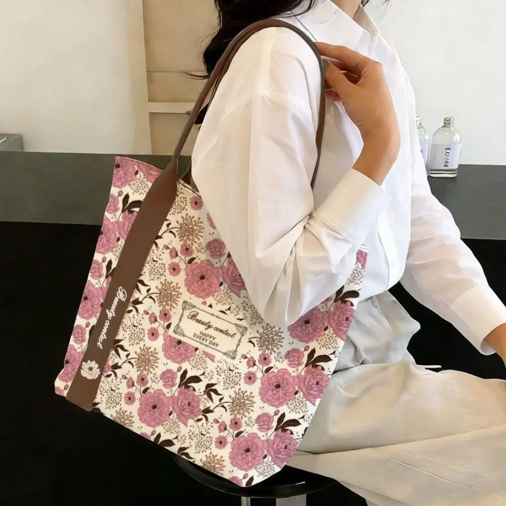 Durable Floral Canvas Bag Large Capacity Lightweight Tote Bag Reusable Versatile Lunch Bag Women's Accessories
