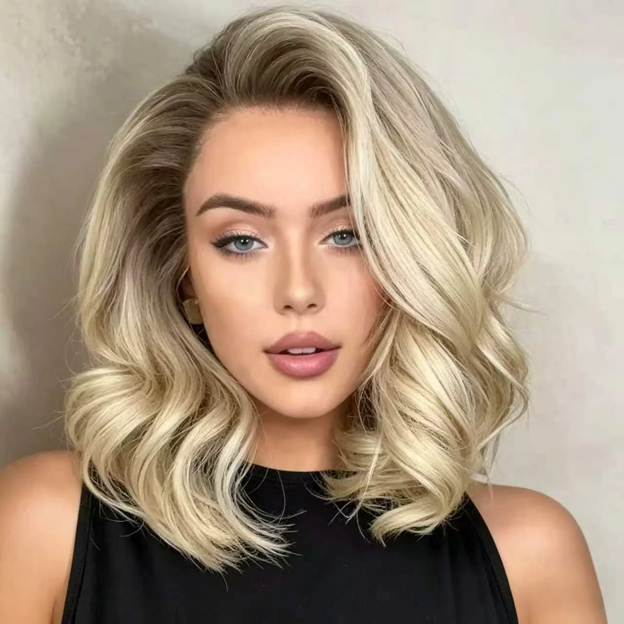 

Warm Blonde Platinum Highlighs short bob wavy Lace Front Wigs women's synthetic fiber wig, suitable for daily wear and parties,