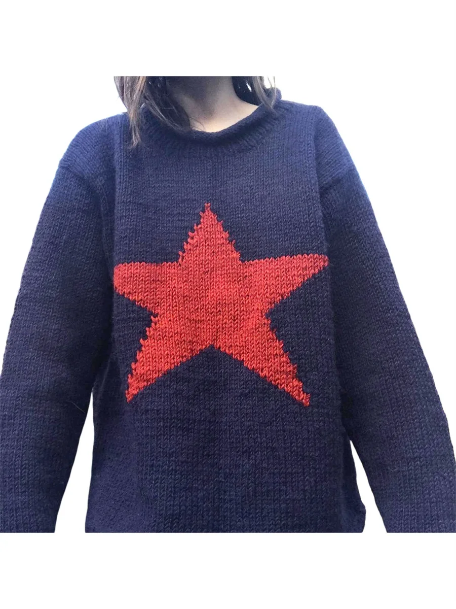 Women Knit Pullover Sweater Casual Long Sleeve Crew Neck Star Pattern Winter Pullover Tops