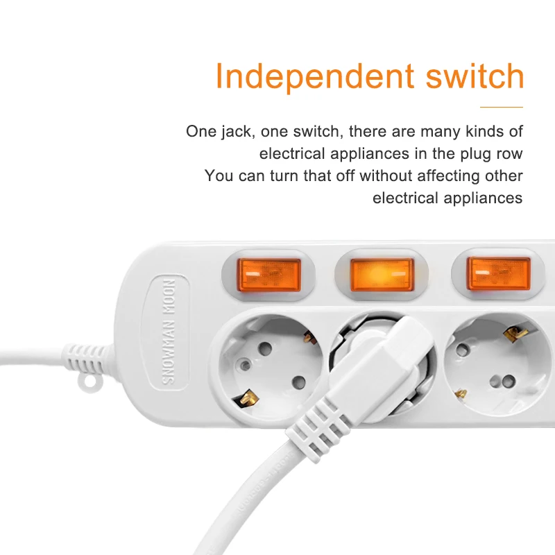 Europe 2Pin Power Strip 4 Mains Outlets with 4 Switch Surge Protection 3500W 16A Extension Cable 1.5/2.5Meters