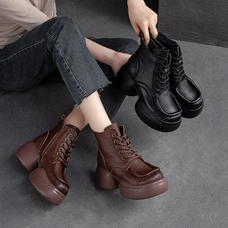 DRKANOL Handmade Thick High Heel Ankle Boots For Women Winter Wool Warm Boots Ladies Genuine Cow Leather Platform Casual Boots