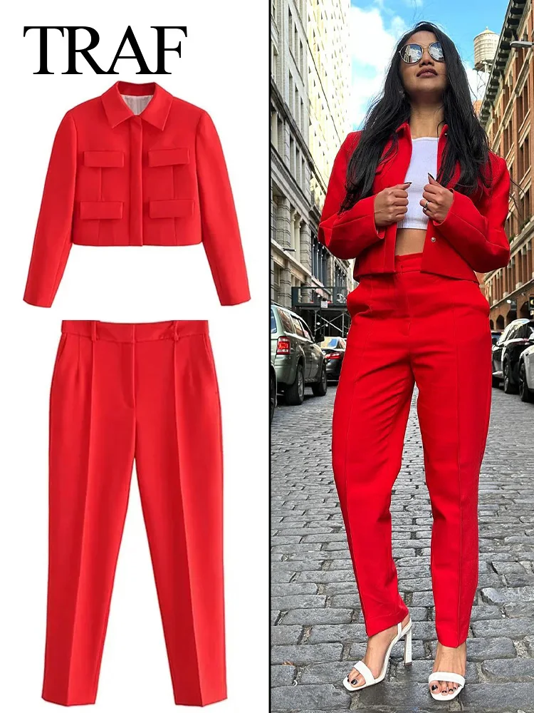 TRAF 2023 Autumn Women Fashion Red Single Breasted Turn Down Collar Coats+Woman Chic Casual Office Lady Slim Pants 2 Pieces Set