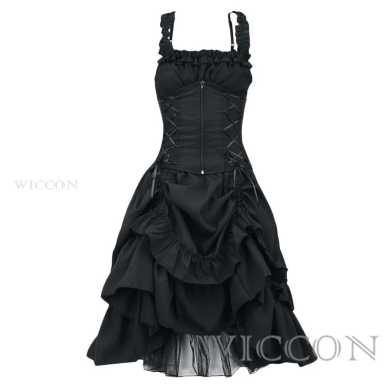 Halloween Middeleeuwse Cosplay Vintage Elegante Veters Corset Taille Vampier Gothic Retro Y 2K Vrouwen Punk Sexy Mouwloze Lolita Jurk