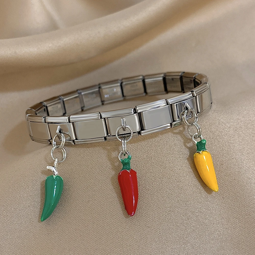 

DODOHAO 3 Color Pepper Watch Band Charms Bracelets Creative Elastic Bracelets Silver Color Stretch Bangles Fashion Jewelry