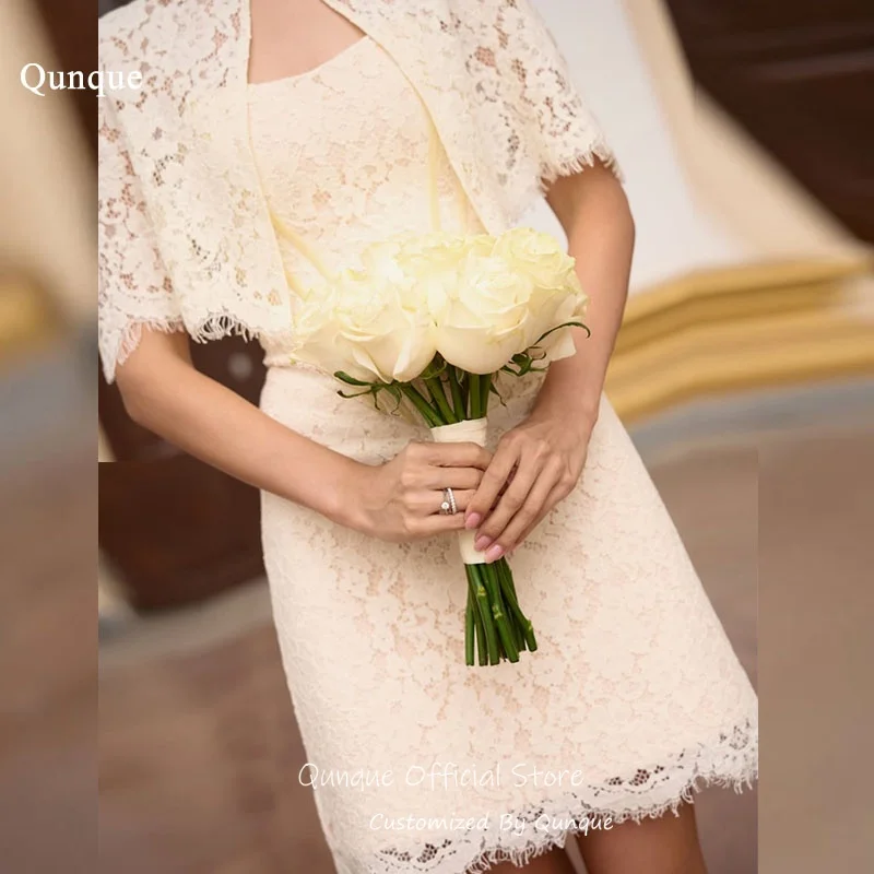 Qunque Unique Lace Floral Motifs Wedding Dress A Line Appliques Evninig Dresses Above Knee Vestido De Novia Boda Customized