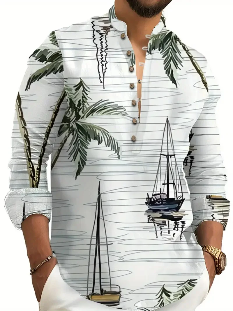 قميص رجالي جديد بأكمام طويلة بسبعة أزرار، قميص كاجوال للشاطئ الرملي، قميص من القماش المريح عالي الجودة