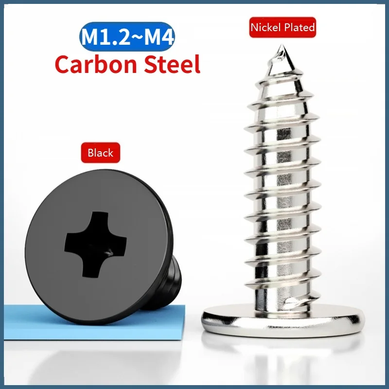 M1.2 - M4 Nickel Plated / Black Carbon Steel Cross Phillips Ultra Thin Super Low Flat Wafer Head Self tapping Wood Screw