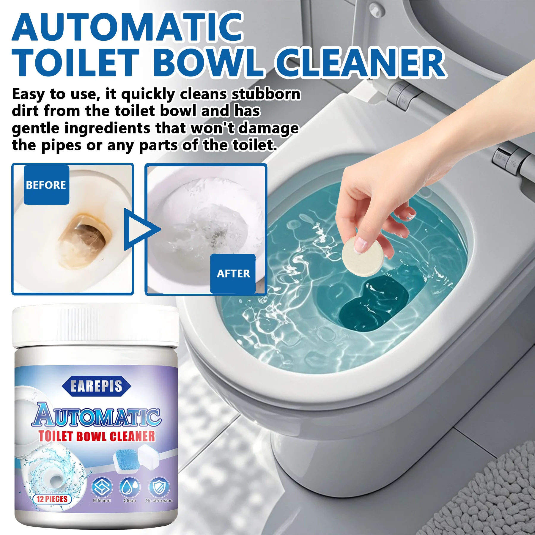 

Sustained Release - Automatic Toilet Cleaning Tablet - Easily removes stubborn urine stains and limescale. Suitable for motor