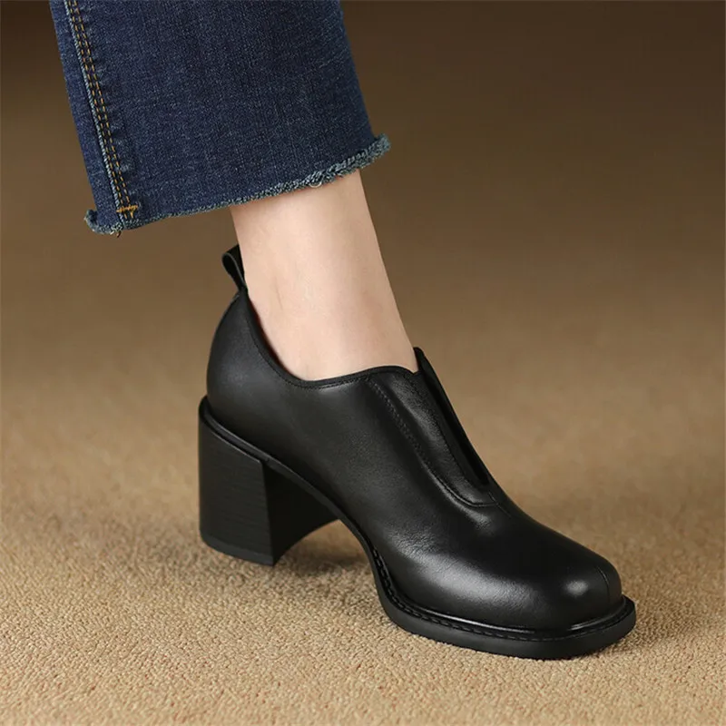 2024 New Spring Genuine Leather Women Shoes Round Toe Women Pumps Shoes for Women High Heel Loafers Chunky Heel Ladies Shoes