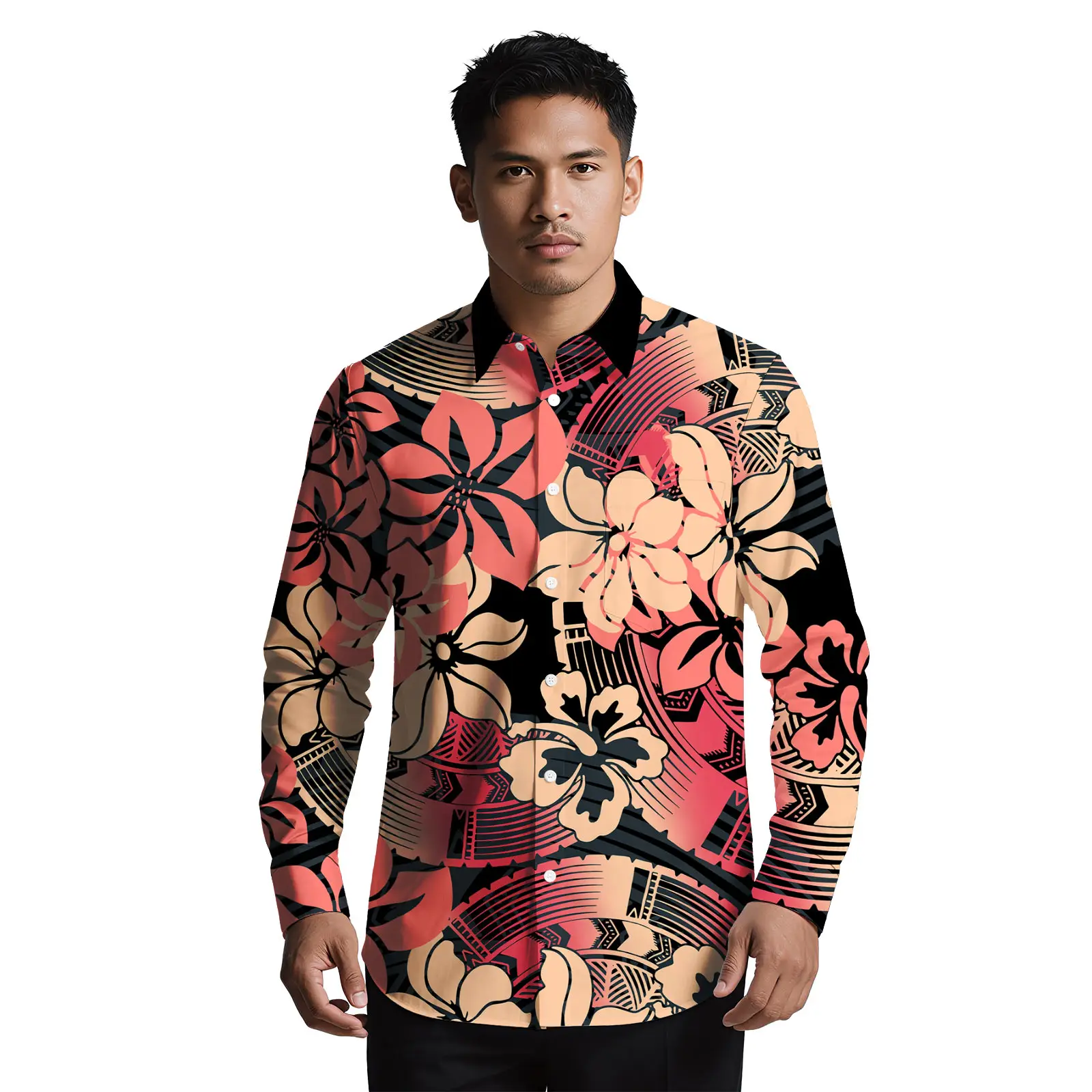 مخصص ساموا الرجال الملابس الزهور الطباعة أكثر من حجم القمصان جزيرة هاواي عارضة شاطئ ألوها قمصان البولينيزية الرجال أعلى #2