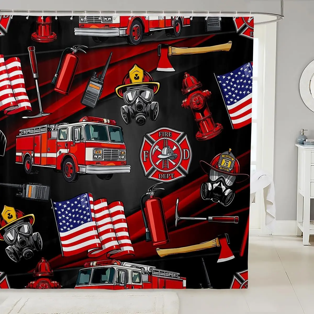 Firefighter Shower Curtain, Red Fire Truck & Rescue Tools Bath Decor, Hero Theme, Waterproof Polyester Fabric