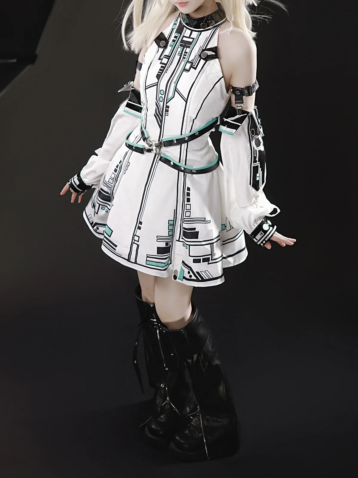 

Original Lolita Mechanical Subculture Rabbit Ear Girl Dress Set Gothic Patchwork Off-Shoulder Long Sleeve High Waist Mini Dress