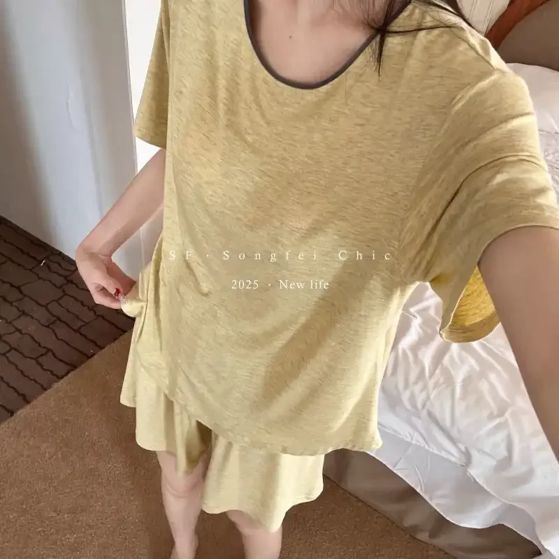 

Women's Korean Modal Loungewear Set Round Neck Short Sleeve Tops Elastic Shorts Thin Breathable Summer Two Piece Pajamas