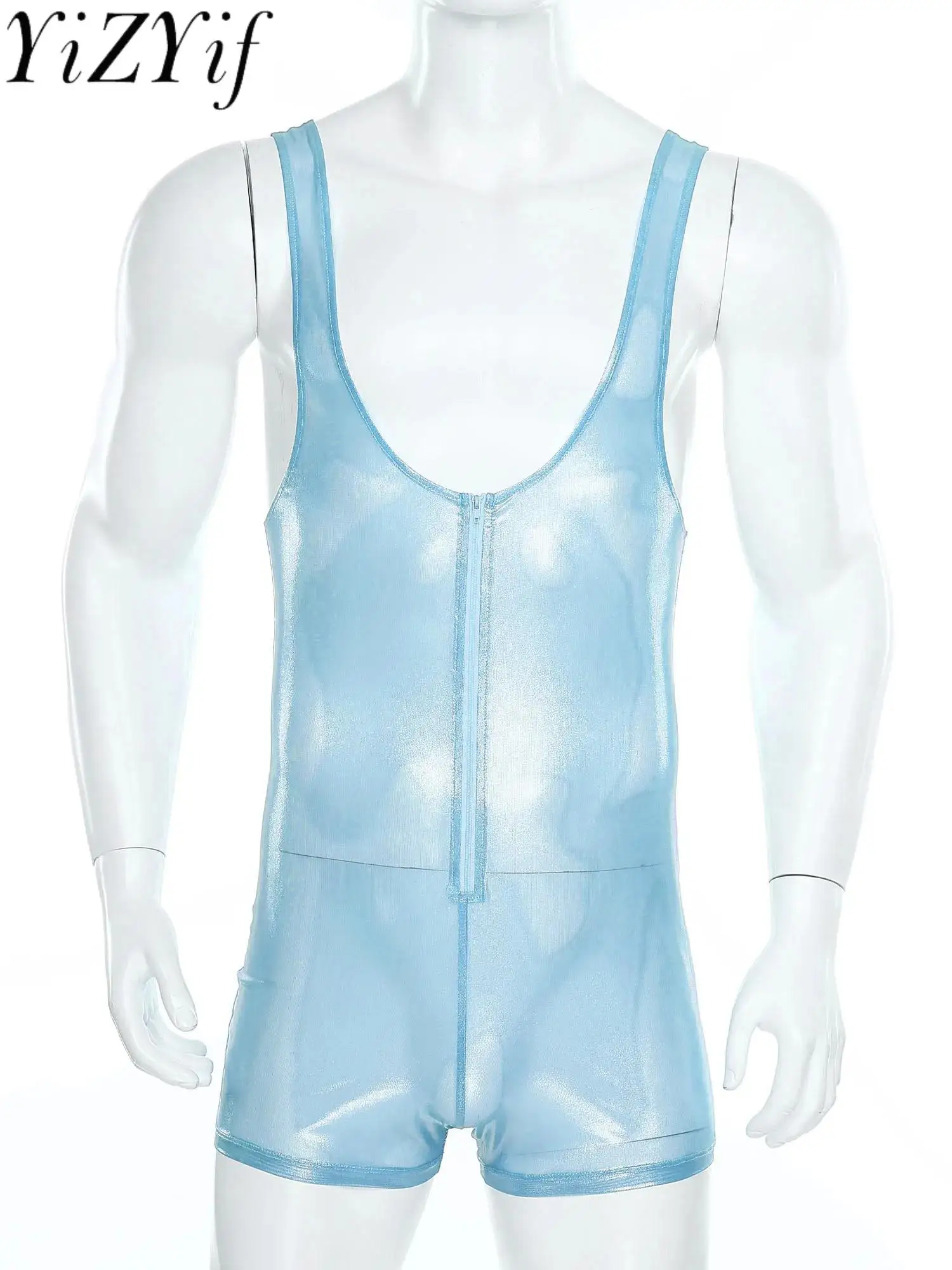 

Men's Sexy Organza Glossy Bodysuit Sleeveless Boxer Shorts Wrestling Singlet Bodybuilding Jumpsuit Lingerie Home Wear Pajamas