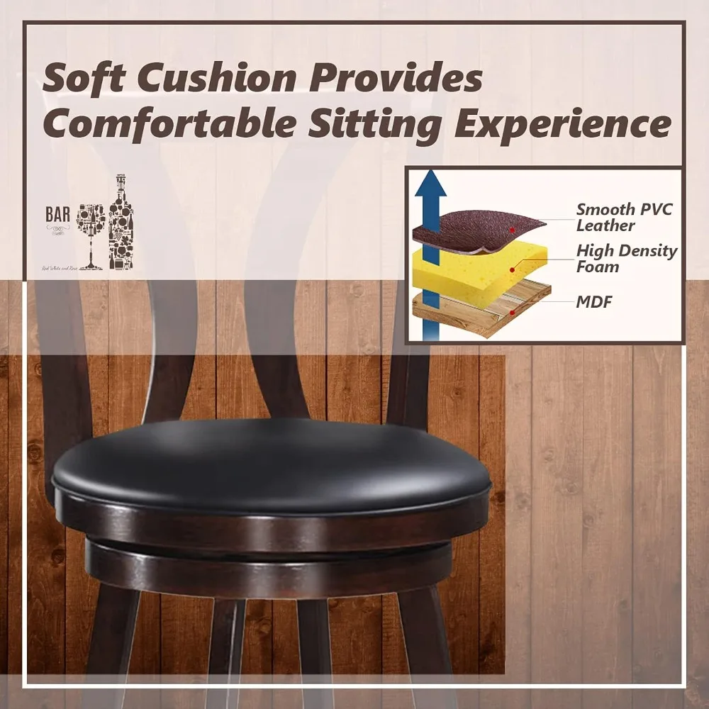 Café Chairs Swivel Stools with Leather Padded Seat, Single Slat Back & Solid Rubber Wood Legs, Counter Height  Café Chairs