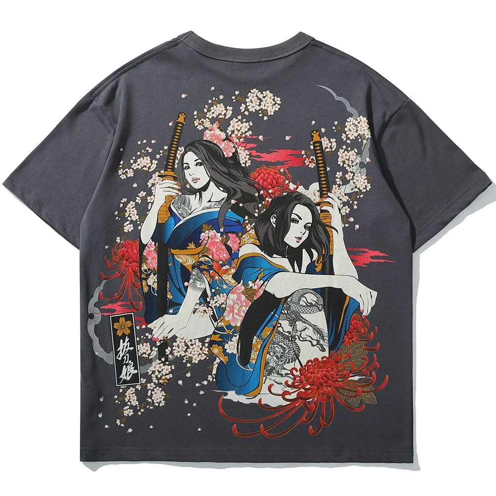 Aolamegs Oversized Men T-shirts Flower Anime Girl Print O-Neck T-shirt Summer Hip HOP Tee Tops Cottons Fashion Loose Streetwear