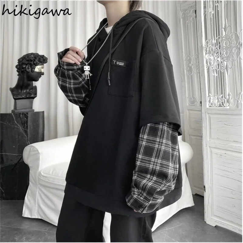 Y2k Tops Korean Fake Two Sweatshirts Patchwork Plaid Pullover Fashion Y2K Clothes for Teens Hooded Harajuku Oversized Hoodies