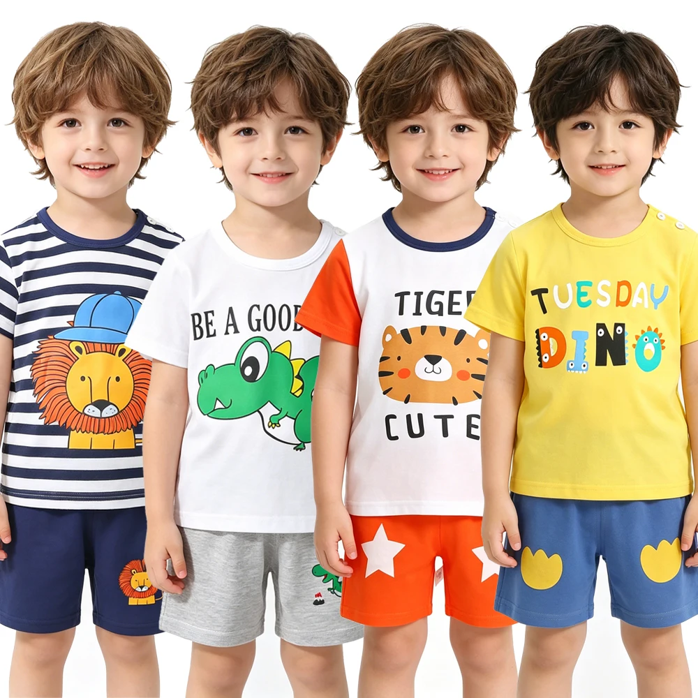 1 to 6 Years Kids Pajamas for Boys Girls Pijamas Sets Children Pyjamas Cotton Cartoon White Orange Infantil Pjs Two Pieces Short