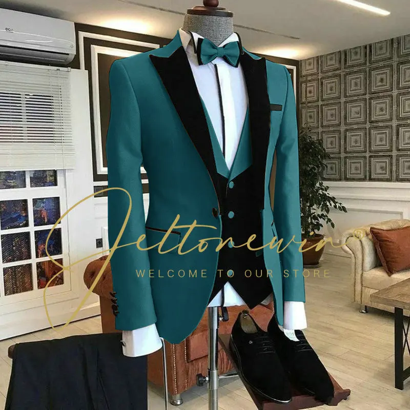 2024 Costume Homme 3 Pieces Dark Green Groom Tuxedos Men Wedding Suits Peak Lapel Groomsmen Wear Prom Blazer Terno Masculino