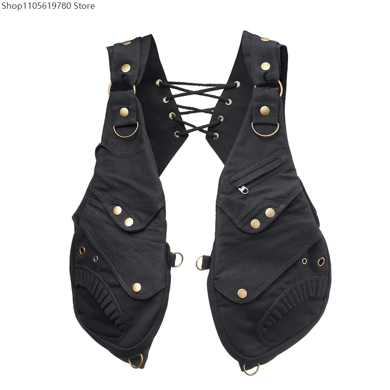 Utility Tech‑Wear Harness‑Style Chest Vest Pouch Multi‑Storage Rivet‑Accent Pockets Rear Fastening Tactical Cosplay Accessory