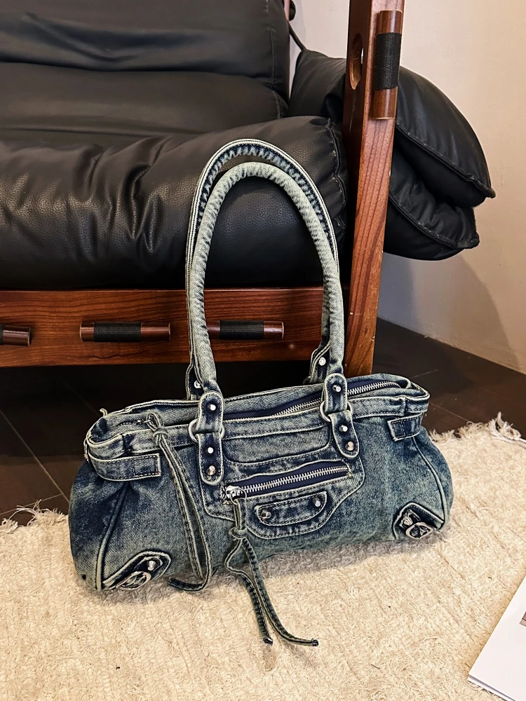 Stylish Retro Denim Motorcycle Bag Women's Rivet Underarm Bag Large Capacity Versatile Single Shoulder Bag Small French Bread...