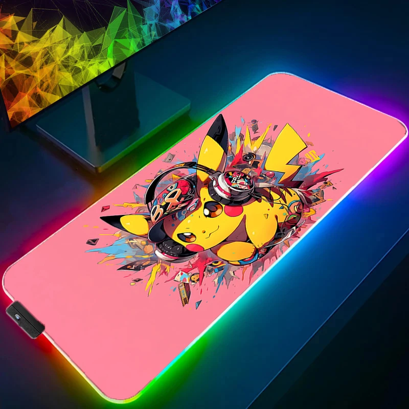 Mouse Pad RGB Rubber PC P-Pokemon P-Pikachu Computer Gaming Accessories Mousepad Desk Mat LED Locking Edge Gamer Carpet