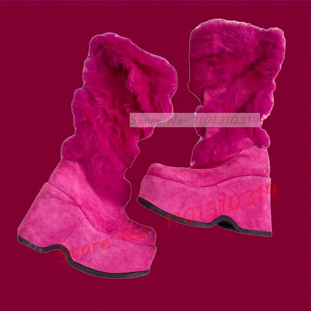 Hot Pink Thick-sole Furry Knee Boots Women Chic Round Toe Sweet Girly Lolita Shoes Winter Ladies Red Fur Party Big Size Boots - view 2