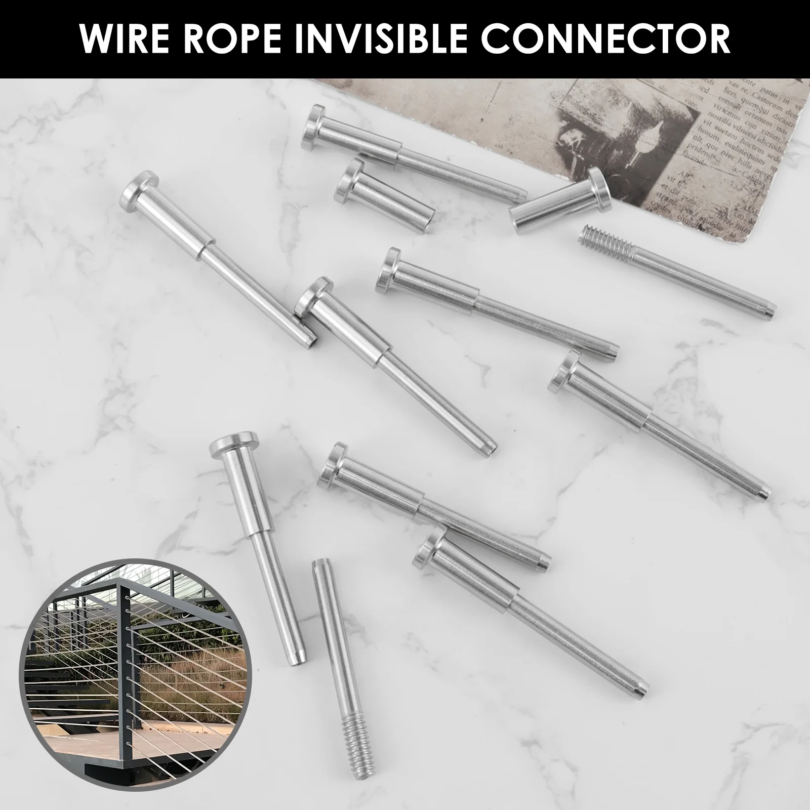 10PCS 1/8inch Stainless Steel Invisible Receiver and Swage Stud End Cable Railing Deck Stair Threaded End Fitting for Wood Metal