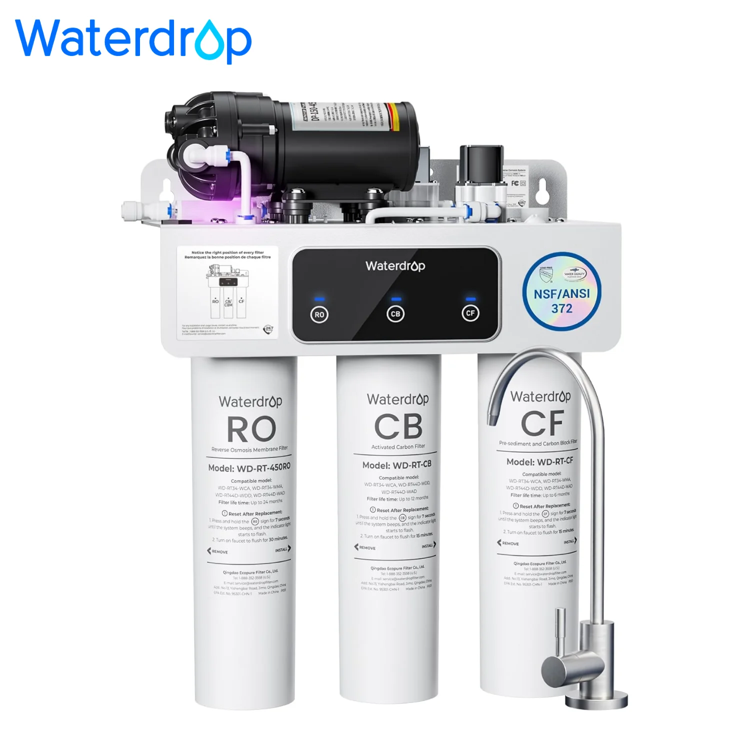 Waterdrop T3-C RO Water Filtration System, Plug-in Required, 450 GPD | 8-Stage, NSF/ANSI 372 Certified, Under-Sink RO Water Filter, 2:1 Pure-to-drain, Smart Filter Alerts & Auto-Flush, BPA-Free