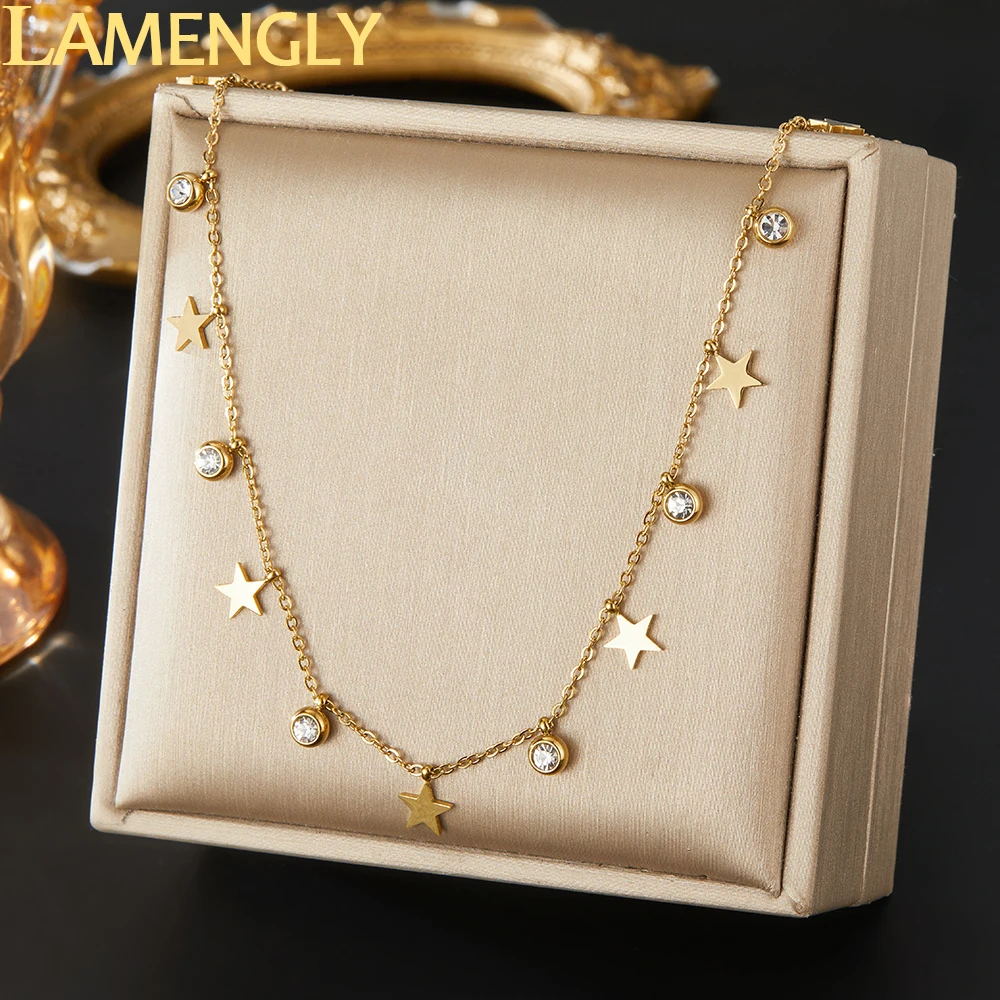 LAMENGLY 316L Stainless Steel Multiple White Crystals Five-Pointed Star Series Pendant Necklace Women's Simple Clavicle Chain