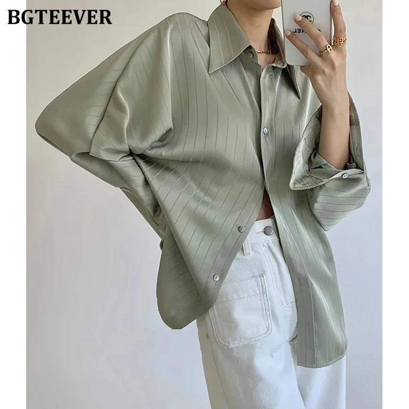 

BGTEEVER Chic Vintage Turn-down Collar Ladies Striped Shirts Long Sleeve Single-breasted Loose Female Satin Blouses Spring