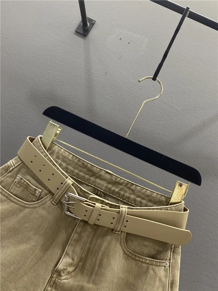 Khaki Retro Denim Shorts Women's Summer Loose Slimming Casual Cuffed A-Line Wide Leg Hot Pants High Waist Casual Jeans