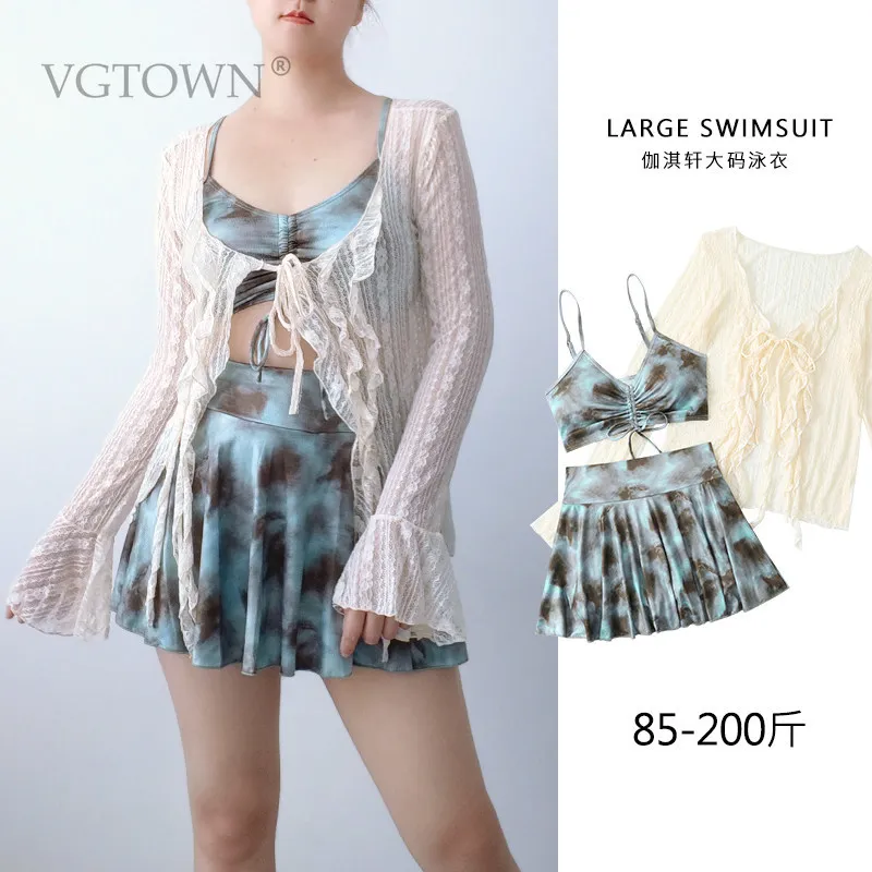 2026 New Three Piece Split Swimsuit Mesh Long Sleeve Pure Desire Wind Concealing Belly New Tie Dyeing Off Shoulder Look Slim