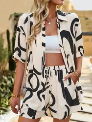 Elegant Single Breasted Lapel Half Sleeved Shirt Elastic Waist Tie Shorts Two Piece Set 2024 New Casual Print Shirt Suit Women