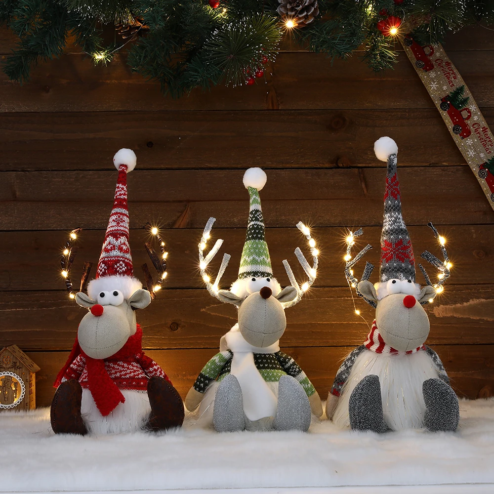 Lighted Christmas Sitting Elk Doll Christmas Decoration for Home Party Knitted Plush Doll New Year Gift 2023 Navidad Kids Toys