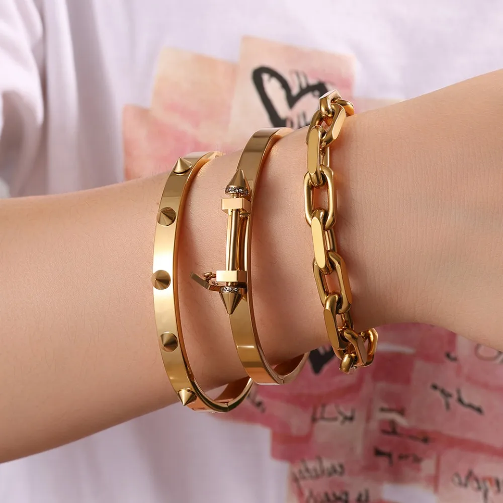 Neutraler Stil, Punk-Mode, Titanstahl-Nieten-Armband-Set – wasserdichter Schmuck für den täglichen Gebrauch für Damen und Herren – Detail 4