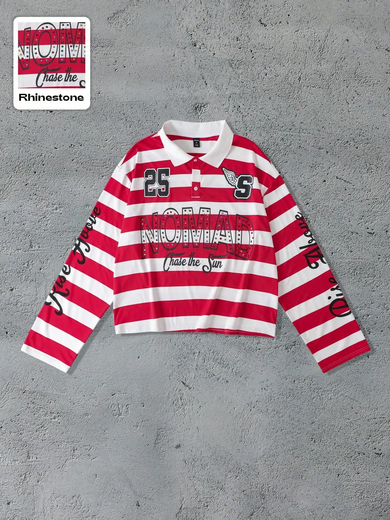 

Men's Red White Striped Cropped Polo Shirt with Rhinestone Graphic and Wing Logo