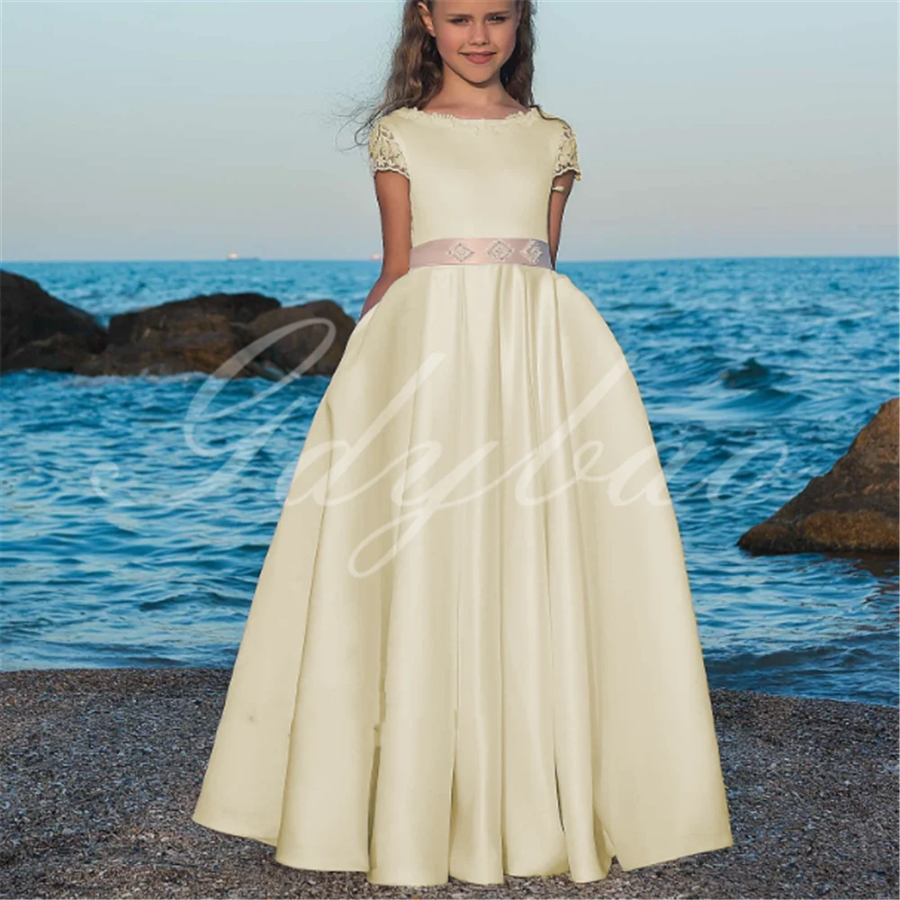 Champagne Satin manica corta Flower Girl Dress Floor-length Cap Sleeve Girls Wedding Pageant Kids Birthday Evening Dresses