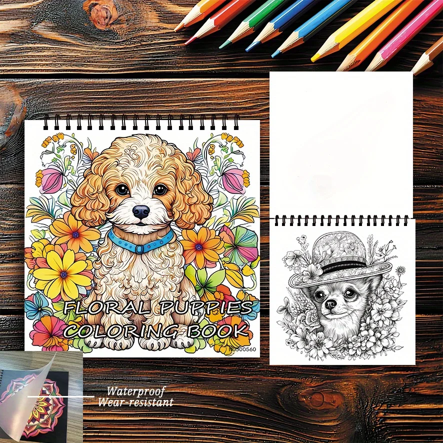 كتاب تلوين الجرو على شكل زهرة للبالغين - 8.27 × 8.27 بوصة، 22 صفحة، هو هدية مثالية لمحبي الكلاب.