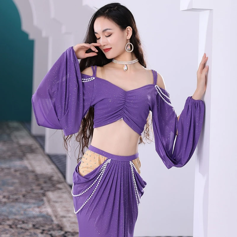 Vrouwen Sexy Tweedelige Buikdans Kostuum Set Elegante Uitgesneden Lange Mouwen Hol Hemdje Met Hoogbouw Slanke lange Rokken