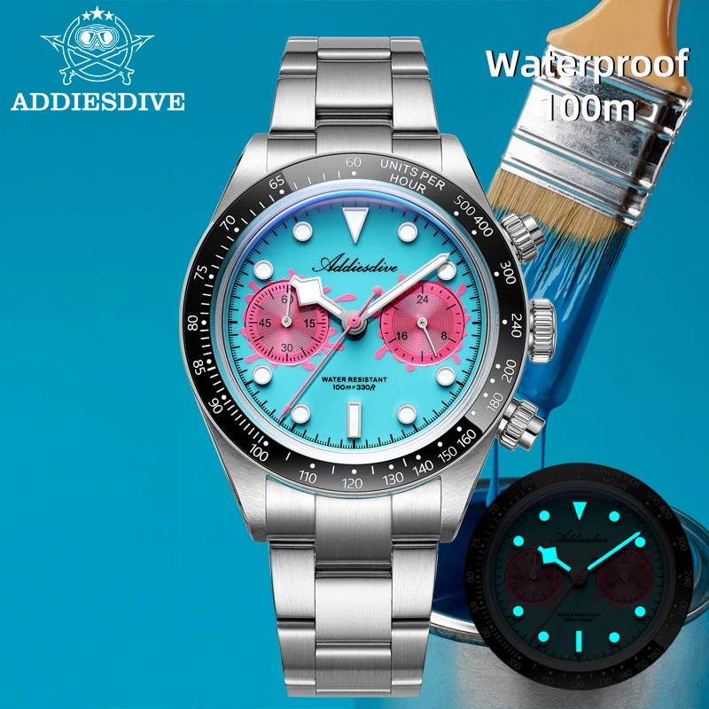 ADDIESDIVE Herren-Luxus-Quarzuhr mit kontrastierendem Zifferblatt, Keramiklünette, 100 m Wasserbeständigkeit, BGW9 Blue Lume, stilvolle Quarzuhr